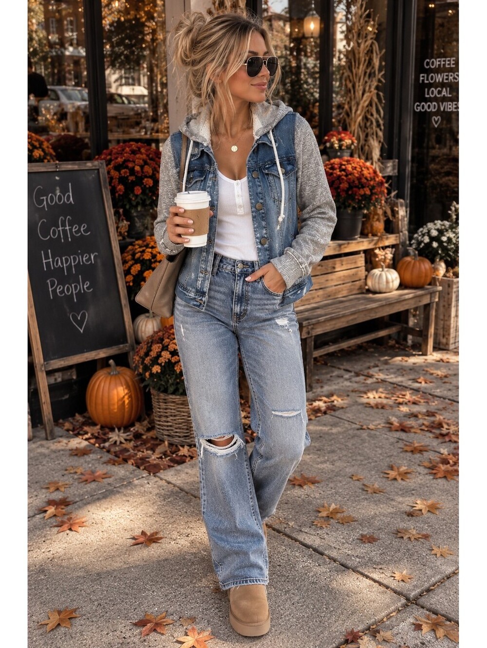 Free People Knit Hooded Denim Jacket Distressed Blue Gray Hoodie Size S